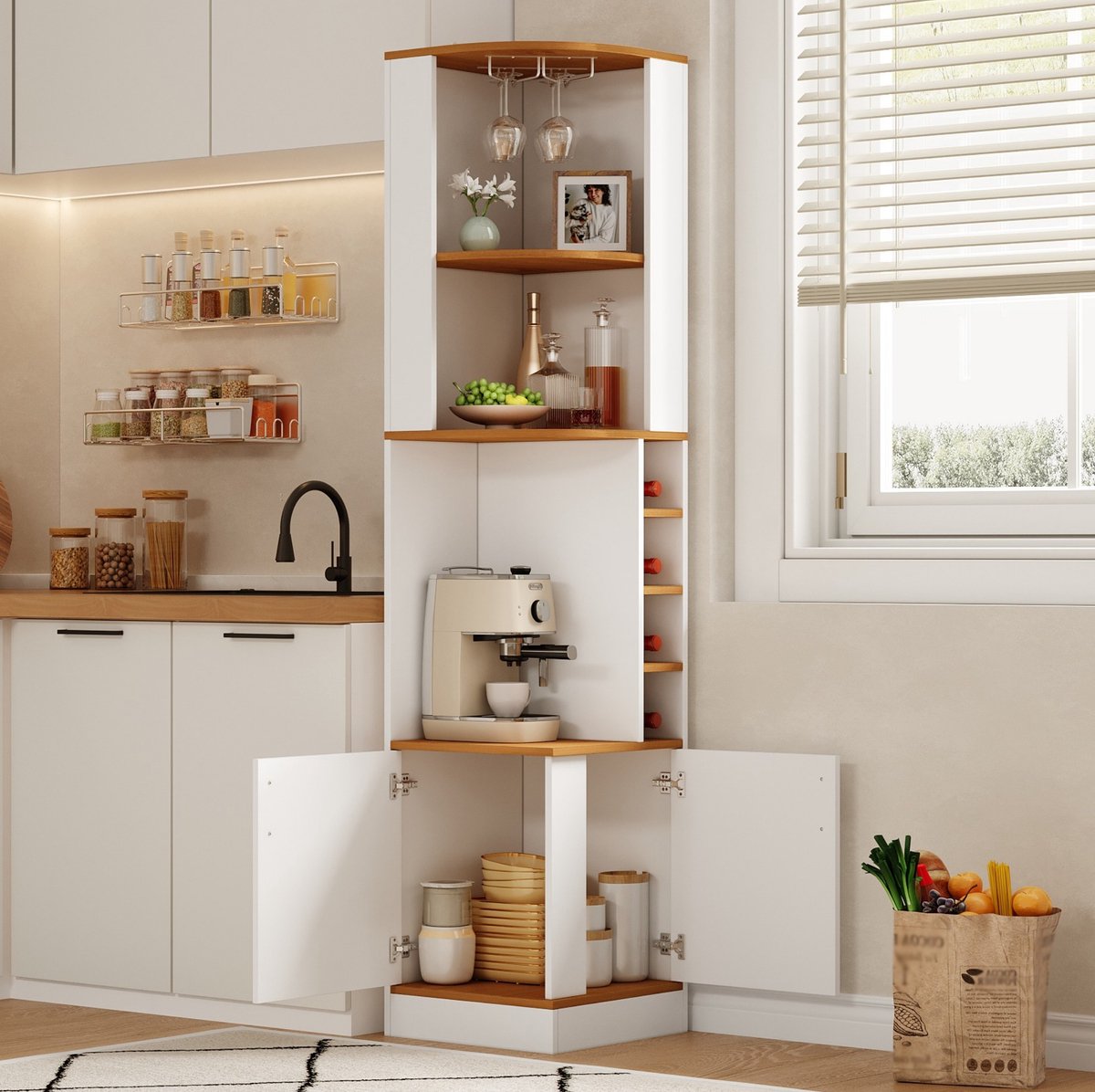 MIVRAY Hoekkast Wijnkast Met Weinglasrek En 4 Flessenvakken Voor Keuken En Woonkamer Wit MDF 40 X 40 X 182 Cm