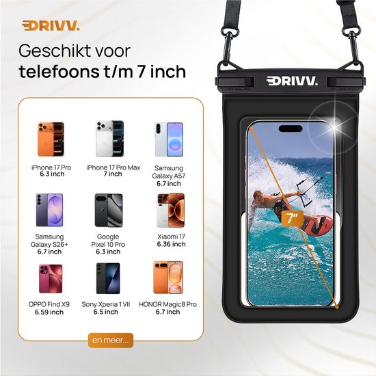 Zwarte DRIIV telefoonhoes geschikt voor telefoons tot 7 inch, met voorbeeldtelefoons.