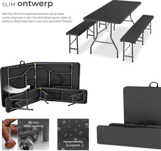 tectake® Campingtafel Set - Vouwtafel met Banken - 8 Personen - 180 cm - Inklapbare Picknicktafel - Klaptafel - Weerbestendig - Tuintafel - Biertafel - Antraciet van TecTake — afbeelding 5