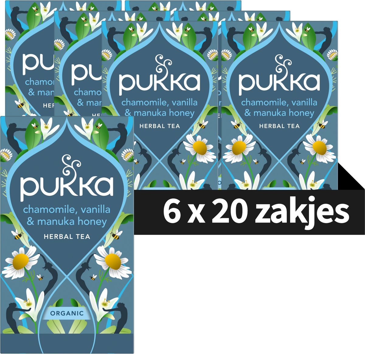 Pukka Tea Chamomile Vanilla & Manuka Honey - 120 Theezakjes - Biologische Kruidenthee - Kamille Thee - 6 x 20 zakjes - Thee Voordeelverpakking