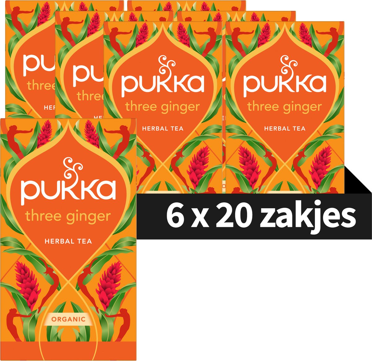 Pukka Tea Three Ginger - 120 Theezakjes - Biologische Kruidenthee - Gember Thee - 6 x 20 zakjes - Thee Voordeelverpakking