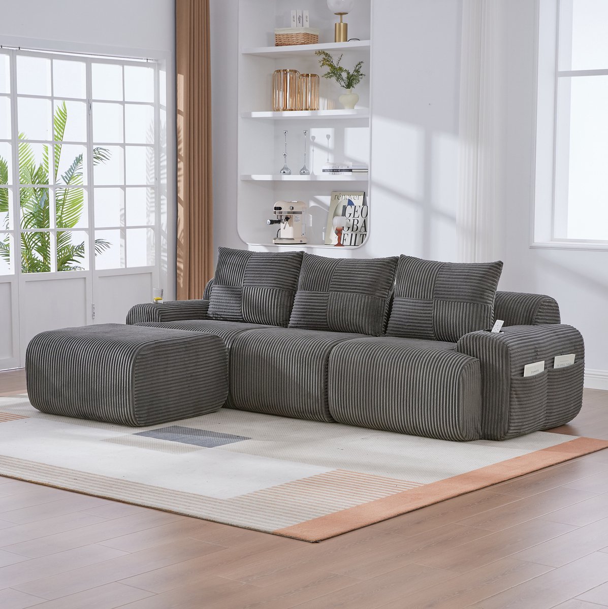 FloraGrace Hoekbank 268 x 174 x 80 cm - Modulaire 3-Zits Bank Met Hocker, Bekerhouder En O
