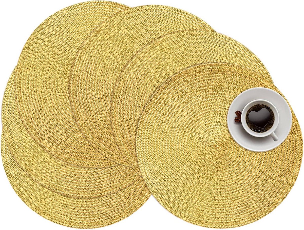 Ronde placemats - Tafelmatten set - Tafel decoreren - Hittebestendig gevlochten - 6 stuks 35 cm - Goud