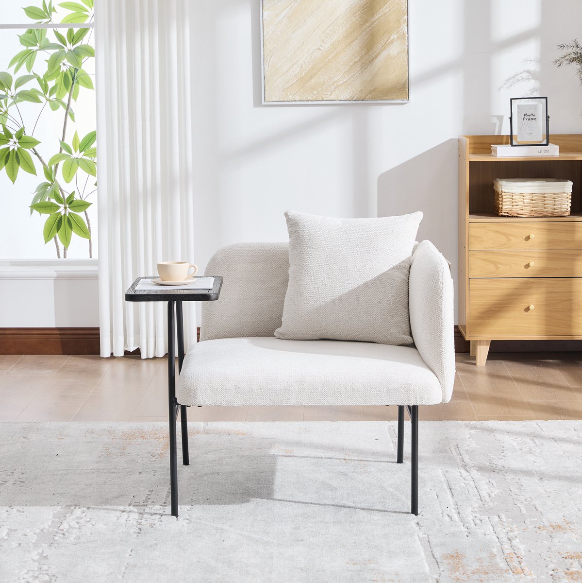 MIVRAY Fauteuil 86 x 72 x 71 cm - Met Bijzettafel en Twee Opbergvakken - Voor Woonkamer en Werkkamer - Chenille en Metaal - Beige