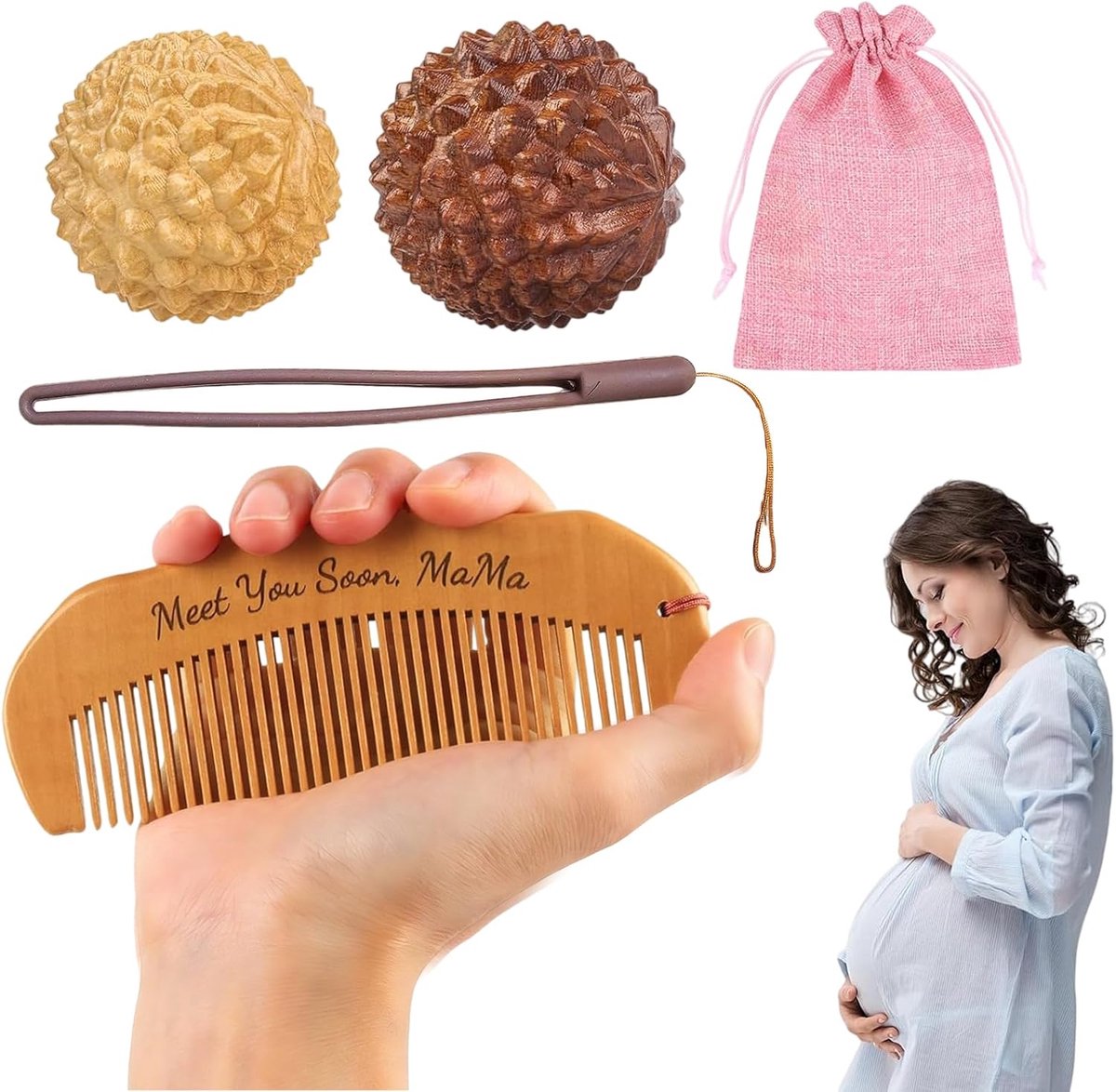 Thijox - Geboortekam & Massagebal Set, 3 Stuks Houten Kam en Massagebal voor Zwangeren, Acupressuur voor Pijnverlichting tijdens Geboorte & Zwangersch