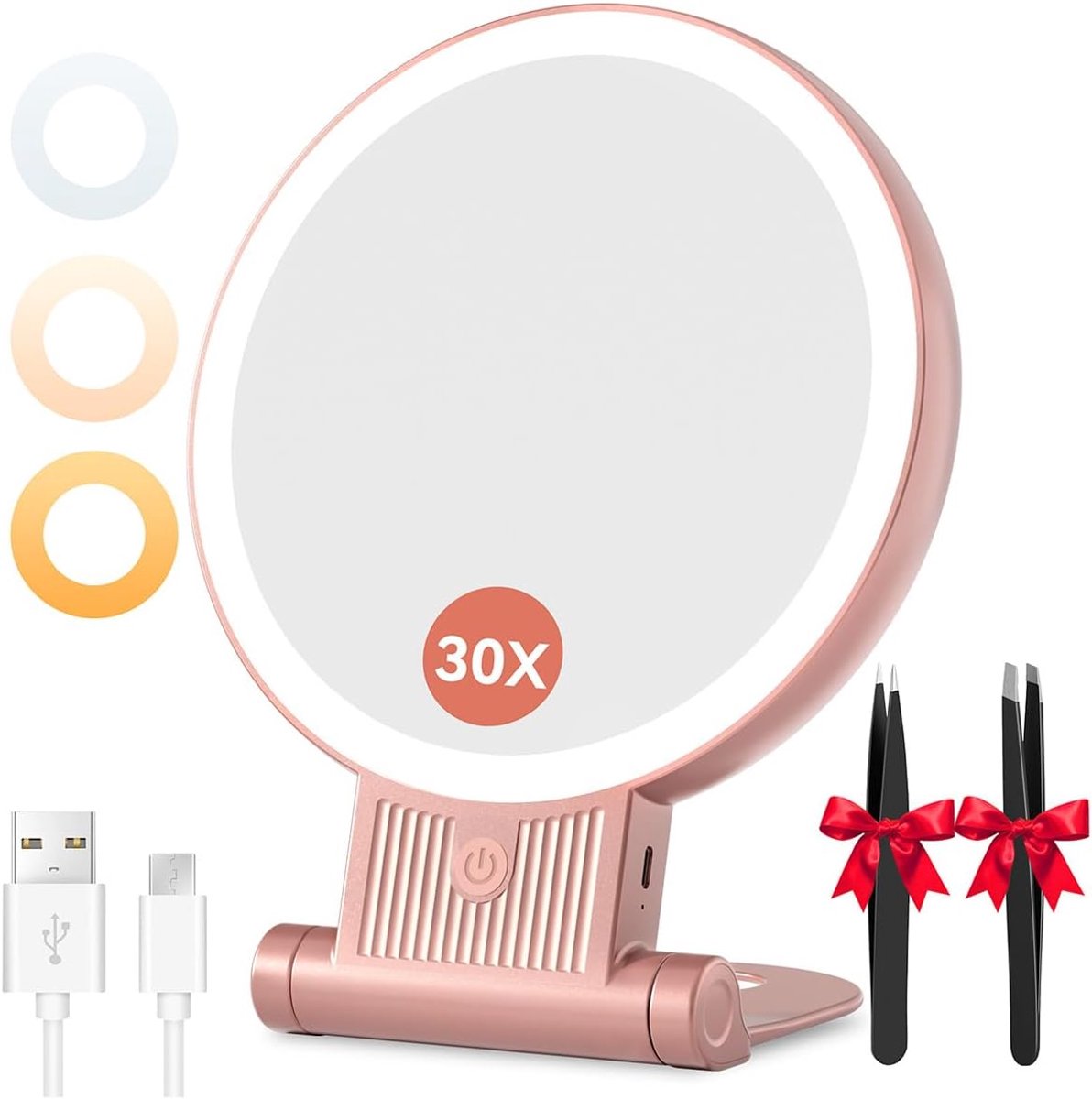 Thijox - Cosmetische Spiegel met LED-verlichting, 30X/1X Make-up Spiegel, Inklapbare Tafelspiegel, 3 Lichtkleuren, Oplaadbare Handspiegel voor Thuis e
