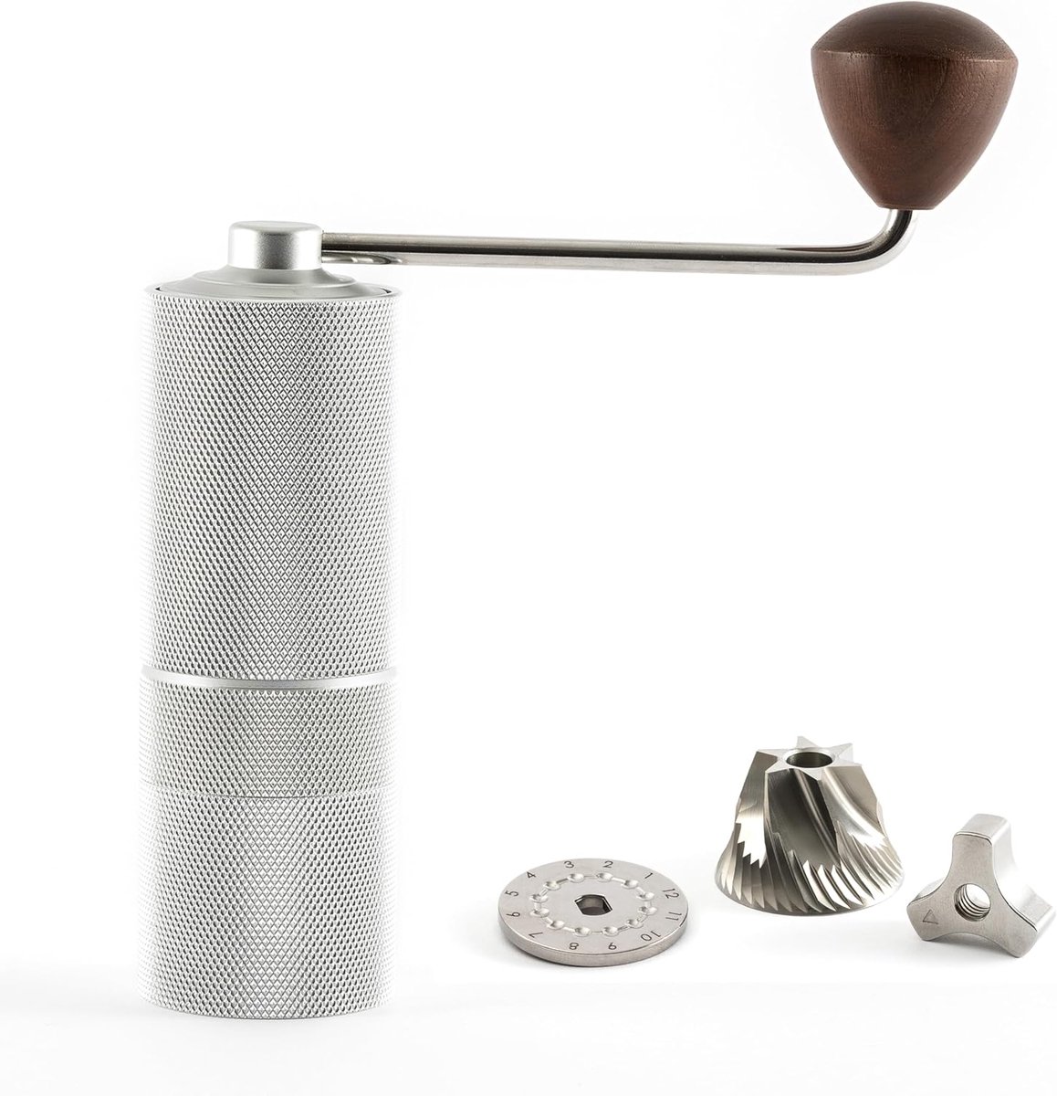 Thijox - Handmatige Koffiemolen met Precisie Roestvrijstalen Maalwerk - Kegelmaalwerk voor Espresso - Houten Handgreep - Mat Zilver - Ideaal voor Thui