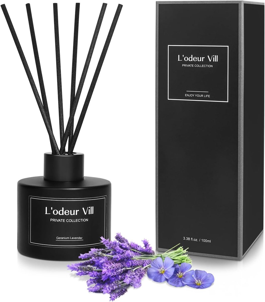 Thijox - Luxe L'odeur Vill Geurstokjes Diffuser 100 ml met 8 Stokjes, Langdurige Lavendel & Geranium Geur voor Woonkamer, Slaapkamer, Badkamer, Kantoo