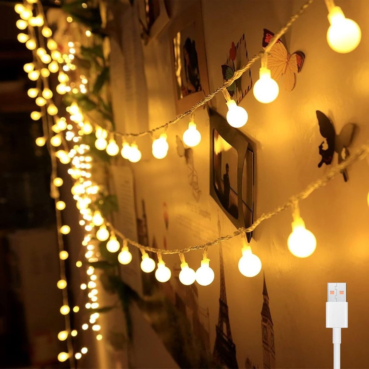 Thijox - USB Lichtketting 7m met 40 Warmwitte LED's - Bolvormige Binnenverlichting voor Bruiloften, Feesten, Tuin, Balkon en Kerstdecoratie