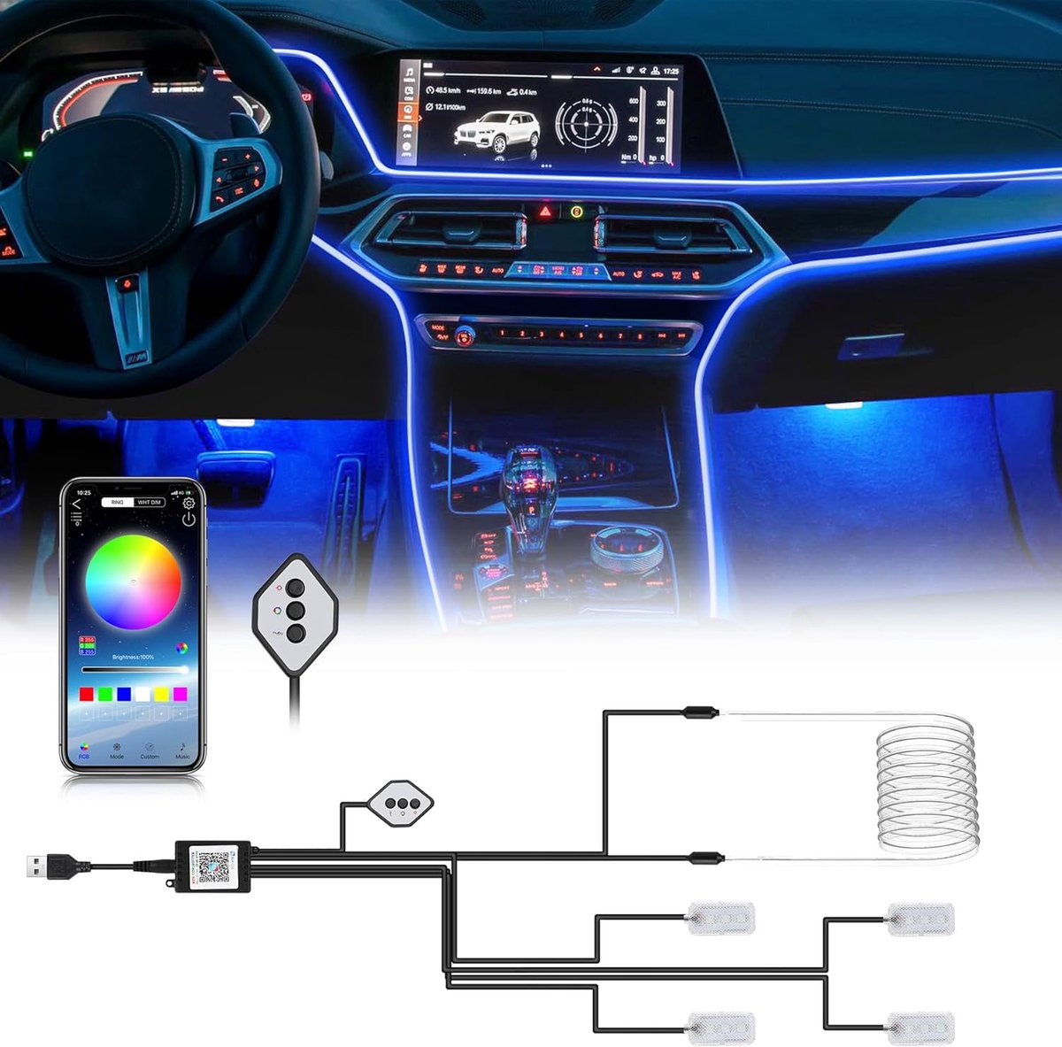 Thijox - LED Binnenverlichting Auto RGB Sfeerverlichting - 4 Stuks 4m LED Strip met App Bediening - USB Muzieklichtbalk 5-12V - Ideaal voor Feest, Cam