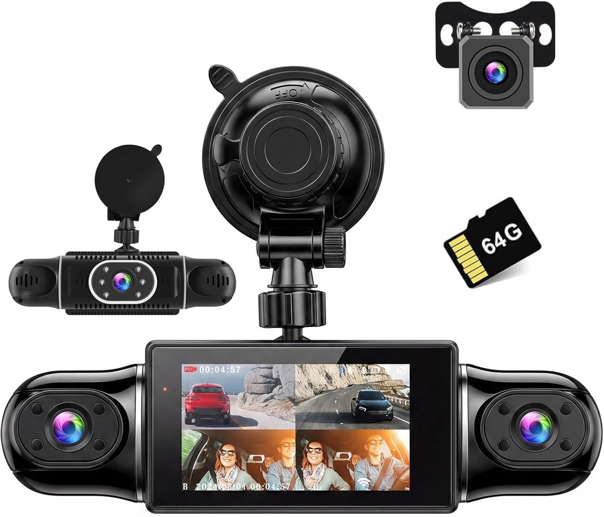 SnelShoppen - 4-kanaals Dashcam Auto 1080p, 360° Autocamera met 64GB SD-kaart, 3" IPS-scherm, Wifi, Groothoek, Nachtzicht IR, G-sensor en Lusopname