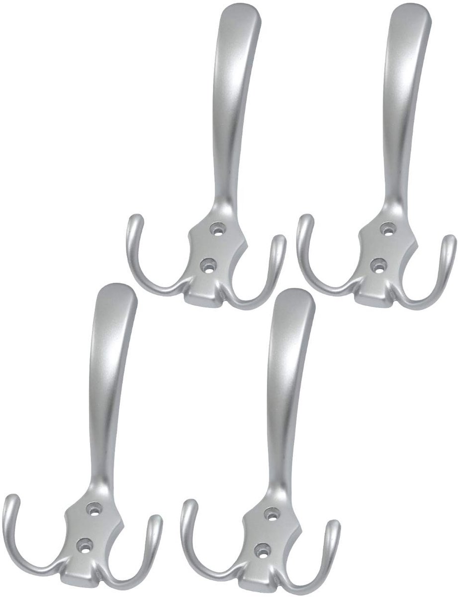 Dailygoods- Wandhaken Set van 4 - Metaal - Mat Zilver - 110 mm/62 mm - Wandhaken voor Deuren/Meubels - Serie Saloum - Haakjes