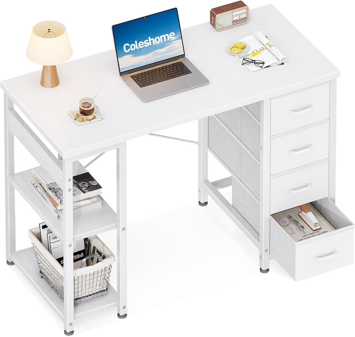 Bureau met Laden - Computerbureau met 4 Laden en Opbergplanken - Omkeerbaar Werkbureau voor Thuiswerk en Kantoor - 100 x 40 x 75,7 cm - Schrijfbureau, Computertafel, Thuiswerkbureau met Opbergruimte