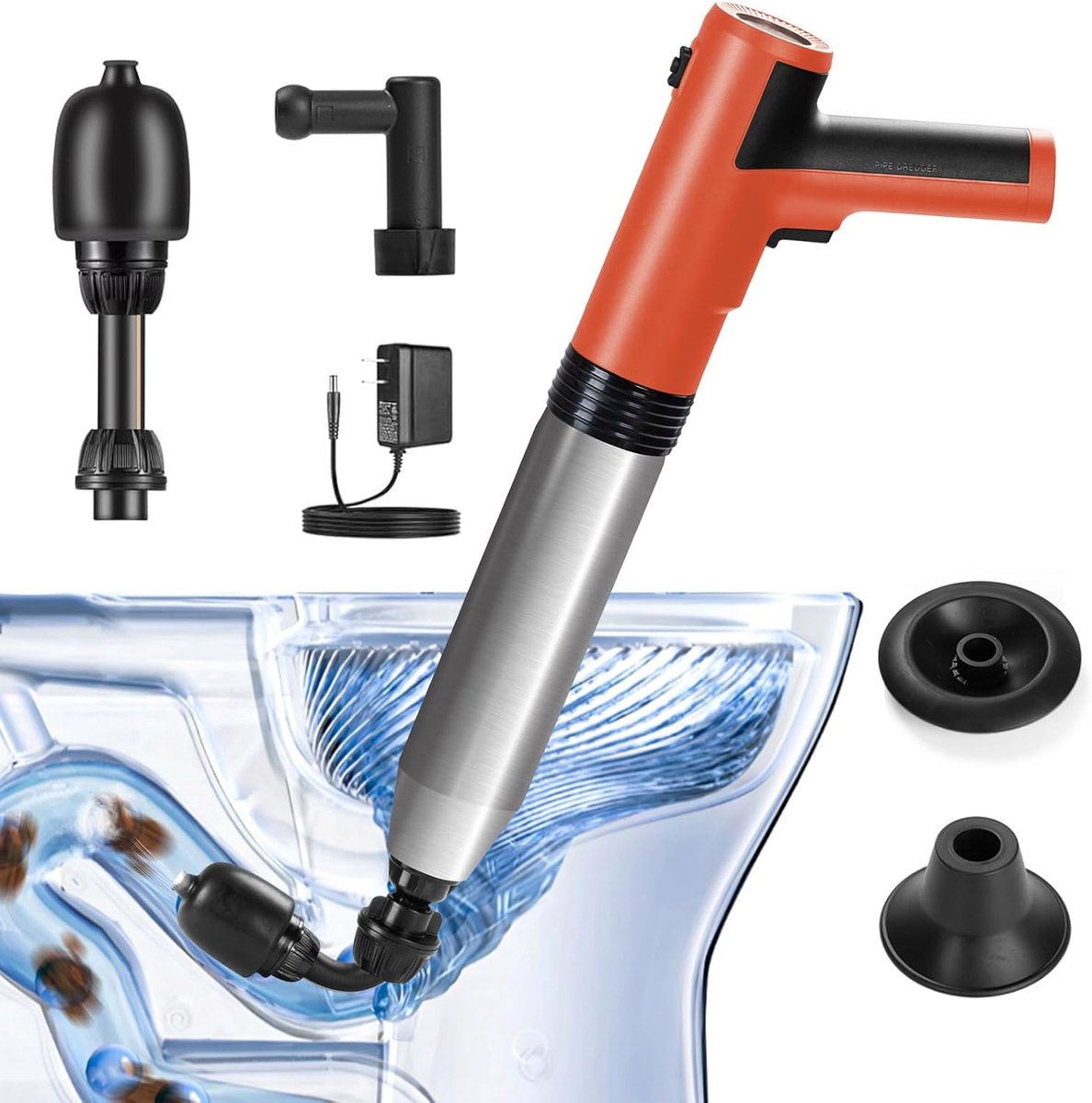 Thijox - Krachtige Elektrische WC-Ontstopper met 360° Draaibare Kop, Professionele Toiletontstopper met 3 Verwisselbare Koppen voor Badkuipen, Wastafe