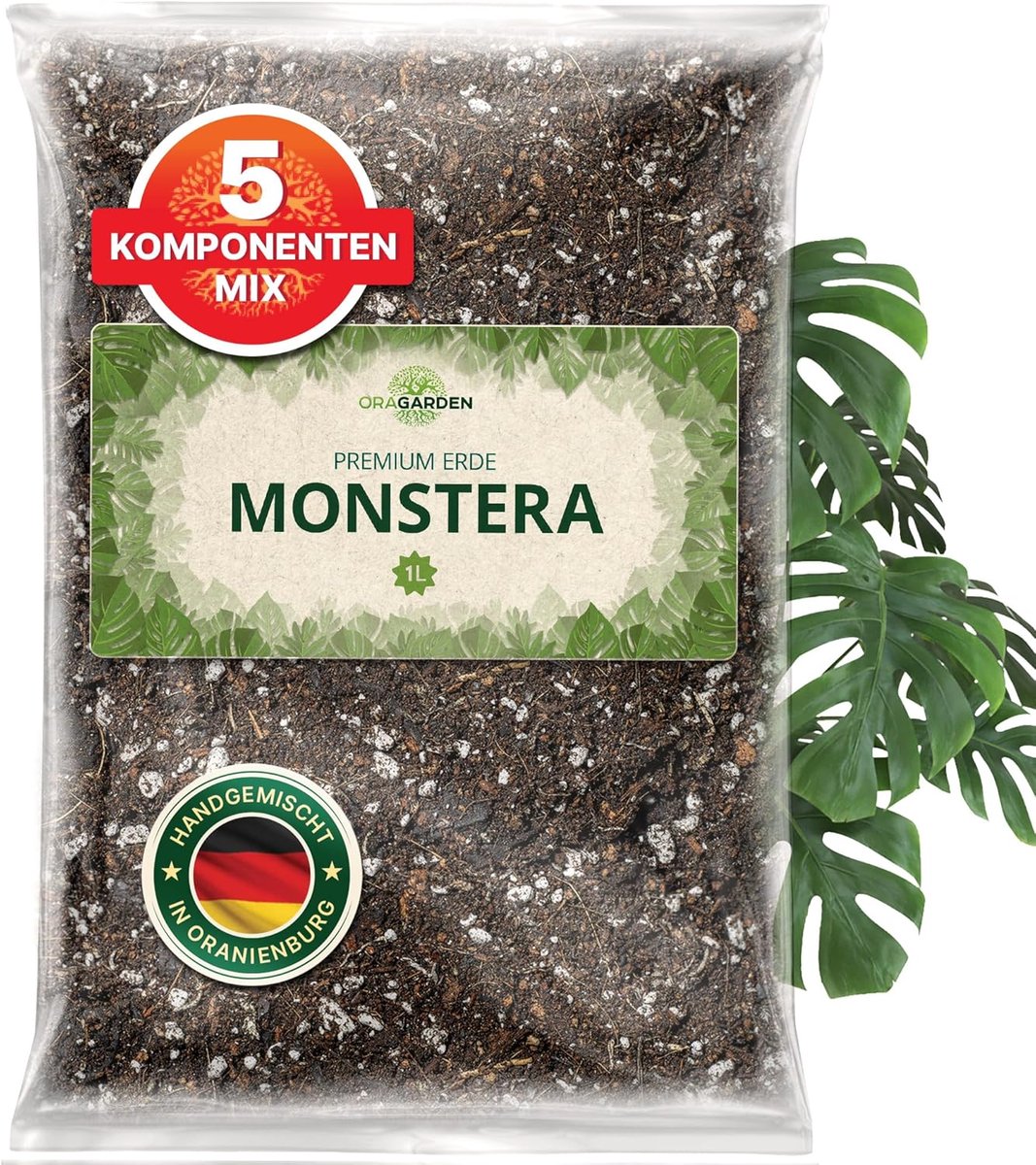 SnelShoppen - Monstera aarde voor kamerplanten en tuin, 1 liter potgrond, natuurlijk substraat voor palmen, bloemen en planten met 5 componenten, mili