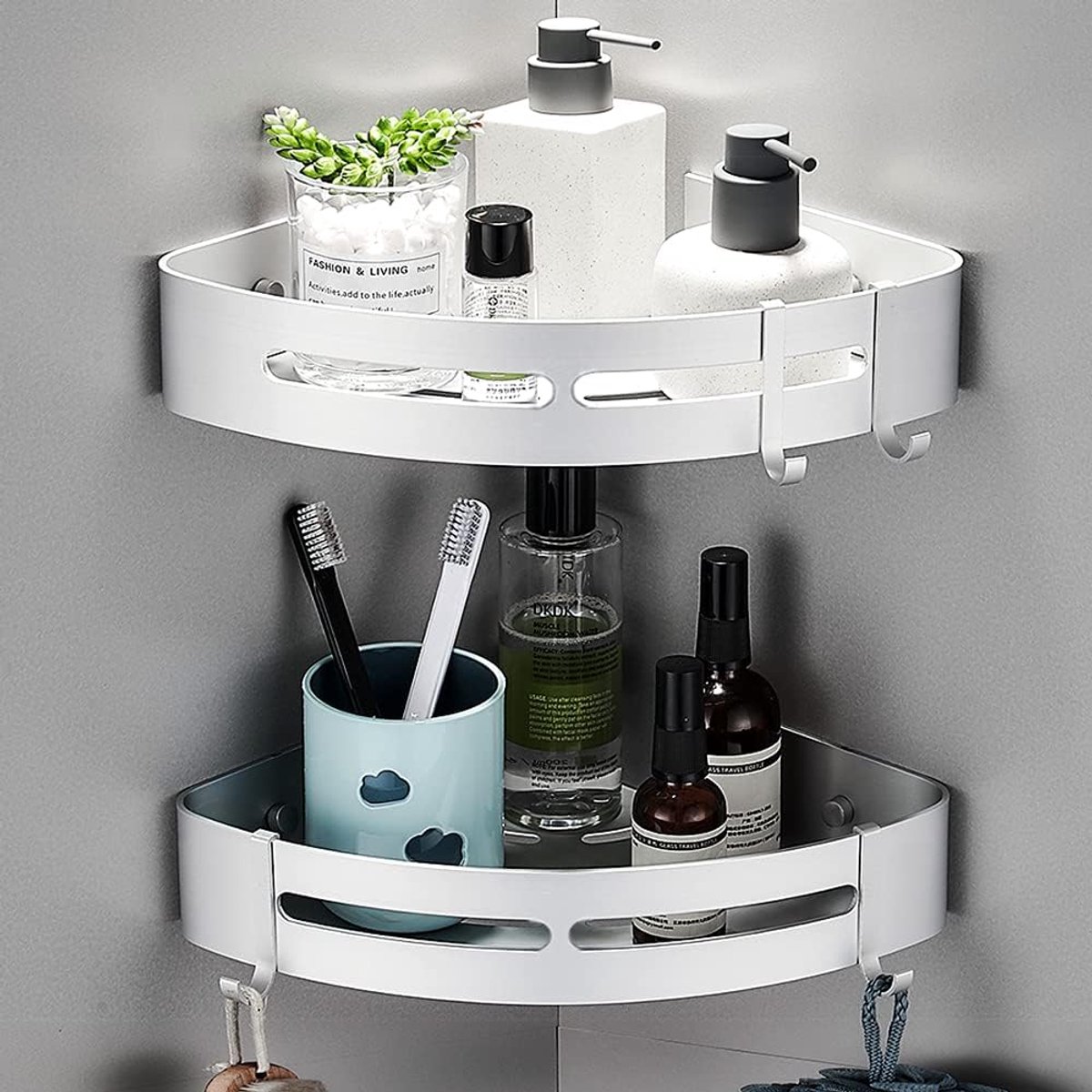 SnelShoppen - Hoekplanken voor Badkamer, Zonder Boren, Met Verwijderbare Haakjes, Zelfklevend, Aluminium voor Doucherek (Hoek)