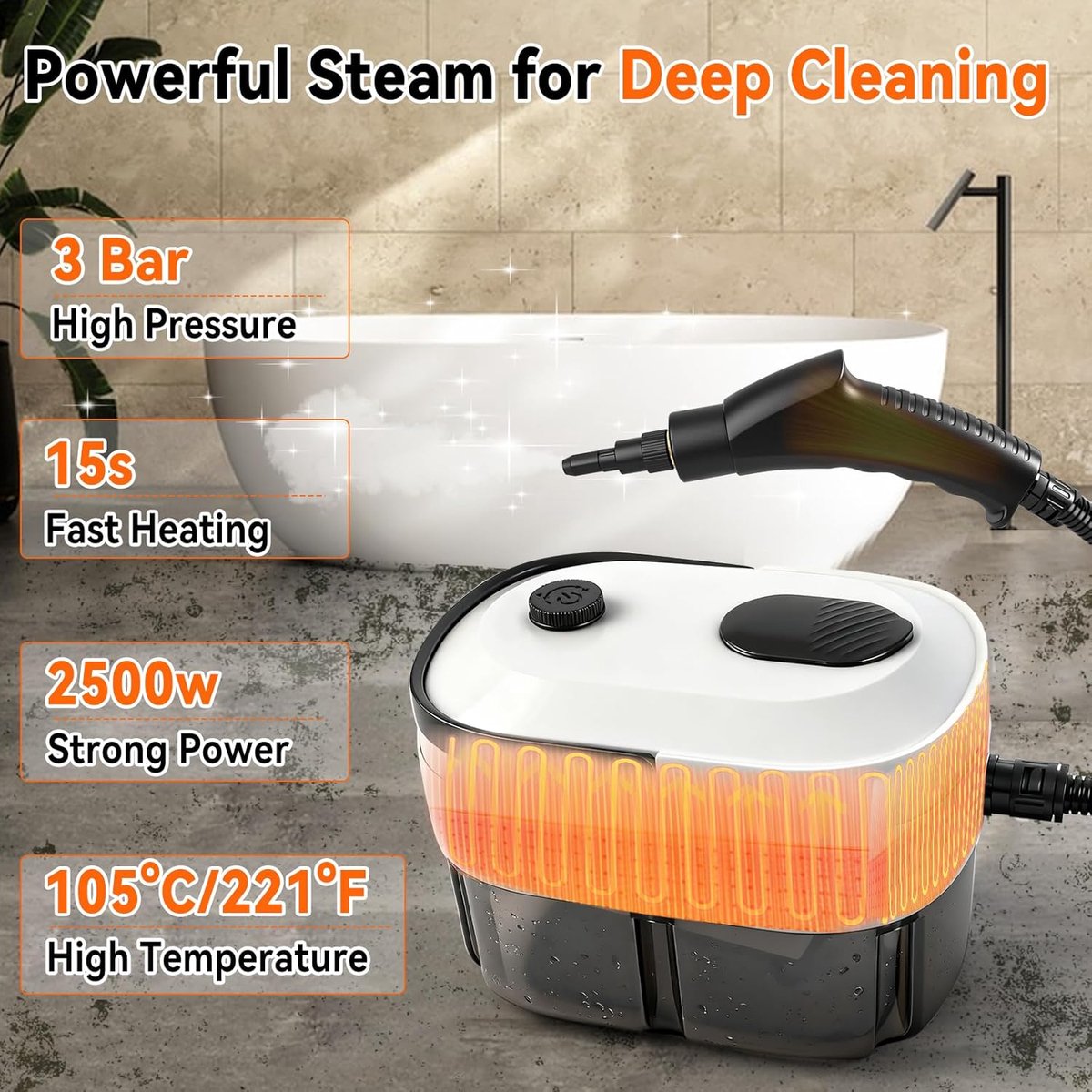 Thijox - Handstoomreiniger 2500W, Hogedruk Stoomreiniger met 3 Bar, 1400ml Waterreservoir, 3 Snelheden, Inclusief 6 Borstelkoppen voor Keuken, Badkame