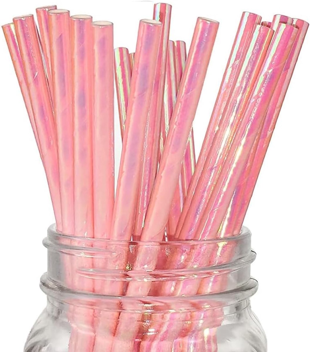 Thijox - Iriserend Roze Papieren Drinkrietjes 100 Stuks - Folie Glanzende Roze Koraal Parelrietjes - Wegwerp Rietjes voor Verjaardagsfeestje en Iriser