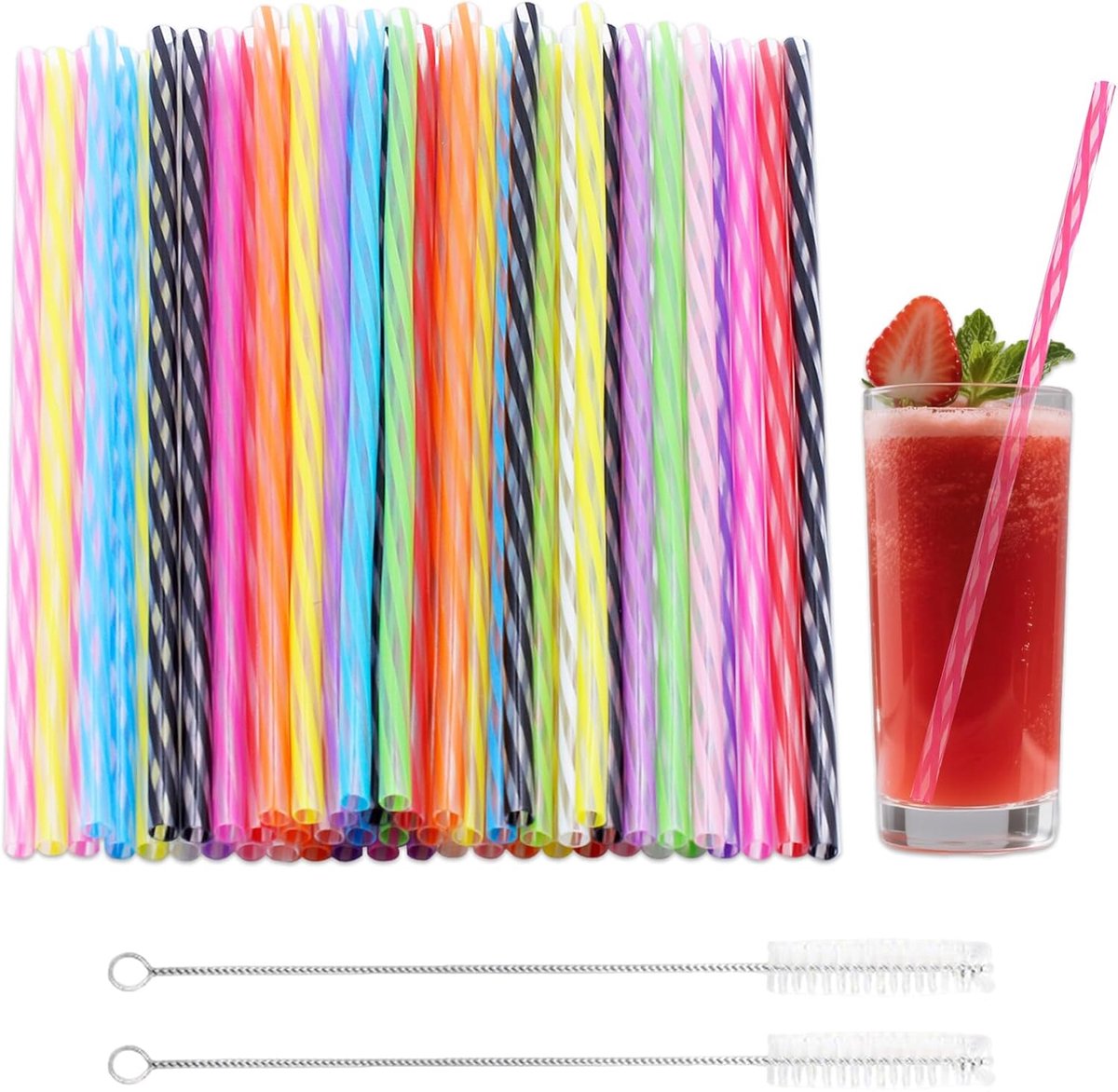 Thijox - 48 stuks herbruikbare gekleurde plastic rietjes met rietjesborstel, verdikte rietjes voor smoothies, sap, cocktails en warme dranken, ideaal