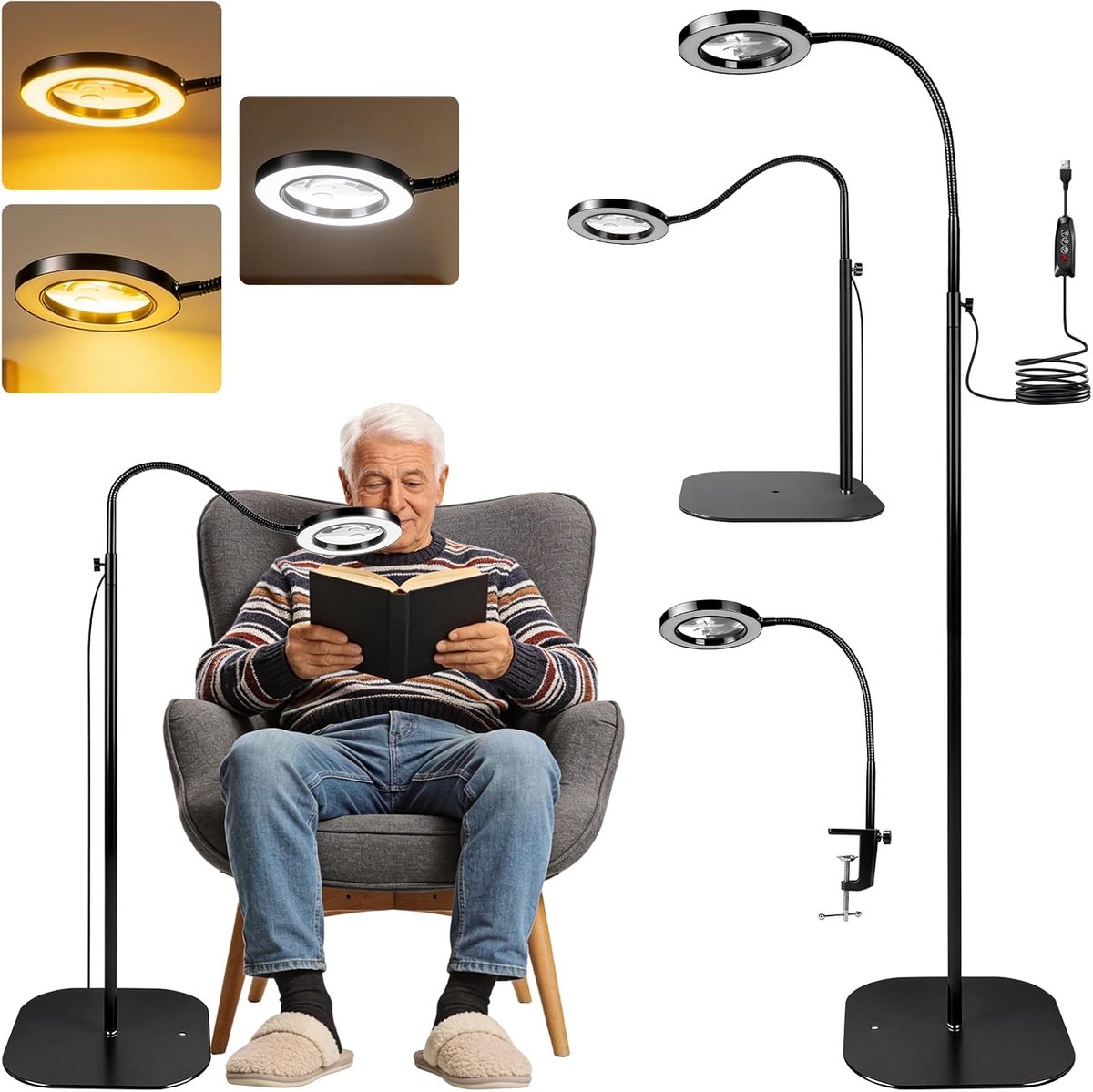SnelShoppen - 3-in-1 Vergrootglas met Licht en Standaard, 10x Vergrootlamp, Flexibele Zwenkarm, 360° Vloerlamp, LED Leesloep voor Senioren en Hobbyist
