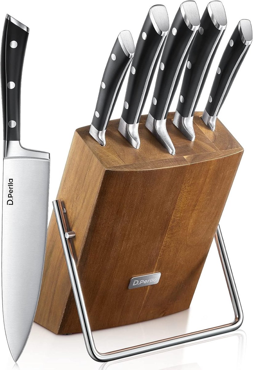 SnelShoppen - 6-delige professionele messenset met houten messenblok, roestvrij staal, hoge koolstof, ultra-scherpe lemmeten, ergonomische handgreep,
