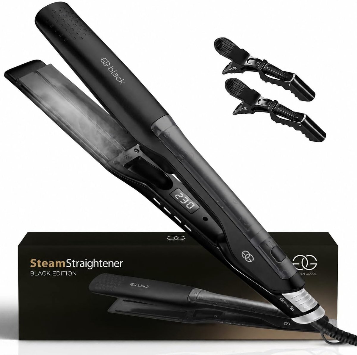 SnelShoppen - 2 in 1 Stoom Stijltang - Professionele Steampod Stijltang & Krultang - Extra Brede Platen - 10 Temperatuurinstellingen tot 230ºC - Zwart