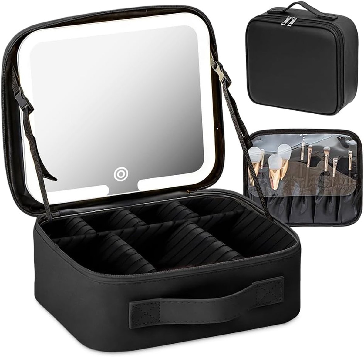 Thijox - Verlichte Cosmetische Tas met Spiegel en LED Licht - Reis Make-uptas - Waterafstotend PU Leer - Zwart - Perfect voor Feesten en Reizen