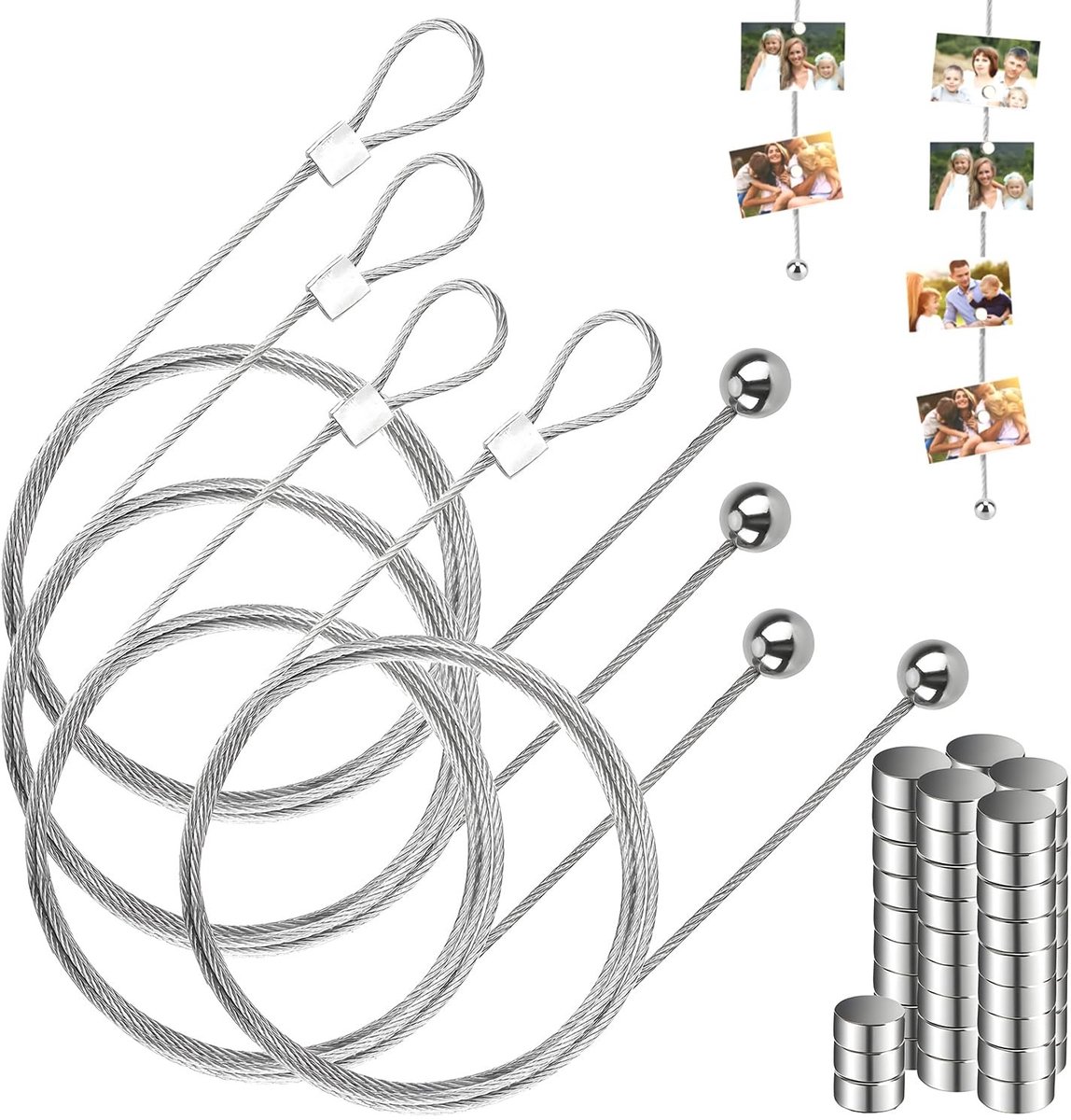 Inovra- Fotokoord 200 cm - Fototouw met 48 Magneten - Fotokabel - Fotoslinger - Fotoophangtouw - Staaldraad - Foto Ophangsystemen