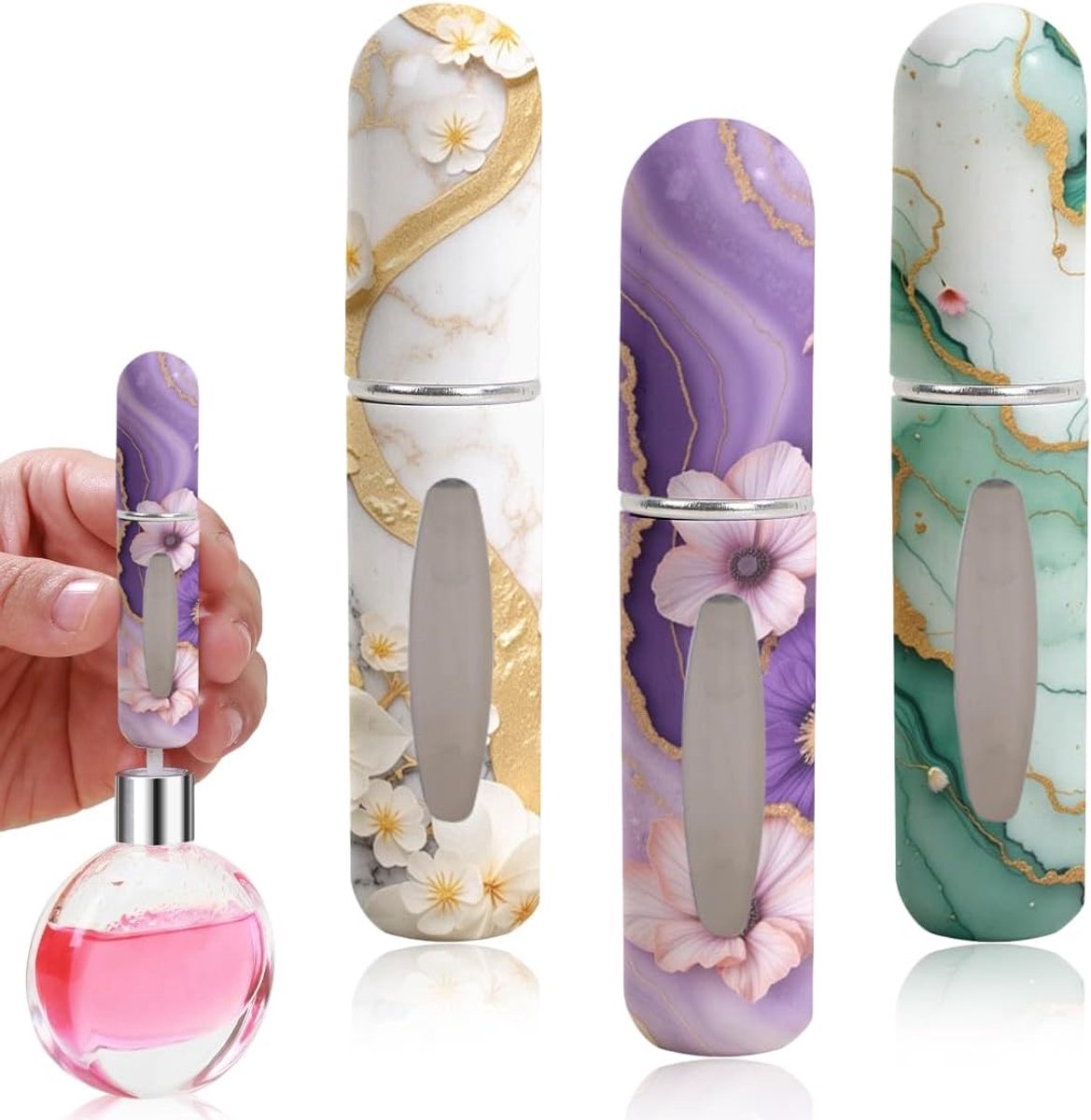 SnelShoppen - Set van 3 Refill Perfume Atomizers met Directe Vulling, Compact en Reisvriendelijk, Elegante Bloemmotieven in Violet en Groen, Ideaal vo