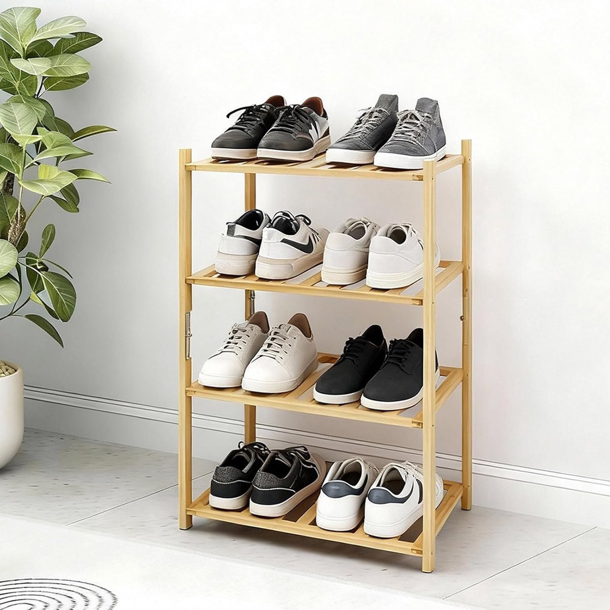 Thijox - Klein schoenenrek, multifunctioneel 4-laags schoenenrek van bamboe, ruimtebesparend voor schoenen, planten, boeken in woonkamer, hal, slaapka