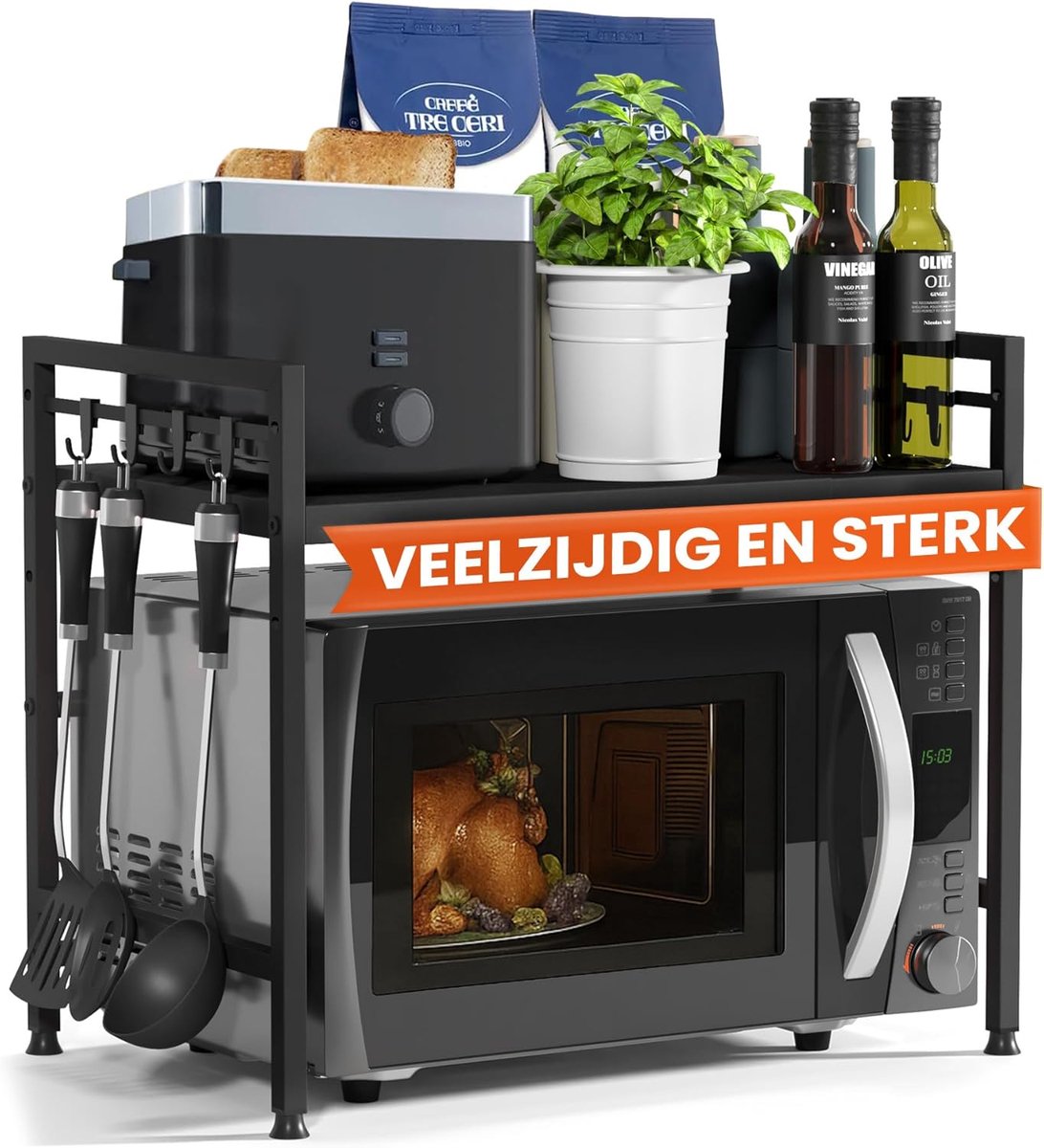 Thijox - Heldenwunder Magnetronrek Keukenrek Staal (2-laags) | Verstelbaar Magnetron Rek Magnetronkast | Bakkersrek met Haken - Zwart