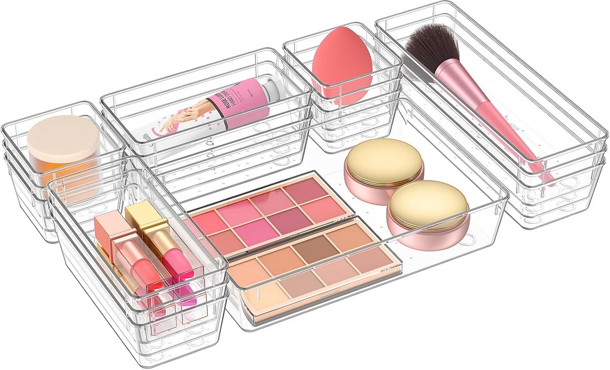 Thijox - 16-delige Lade-organizer Set - 4 Maten Indeling voor Make-up, Kantoor, Badkamer & Keuken - Praktisch Opbergsysteem voor Laden in Transparant