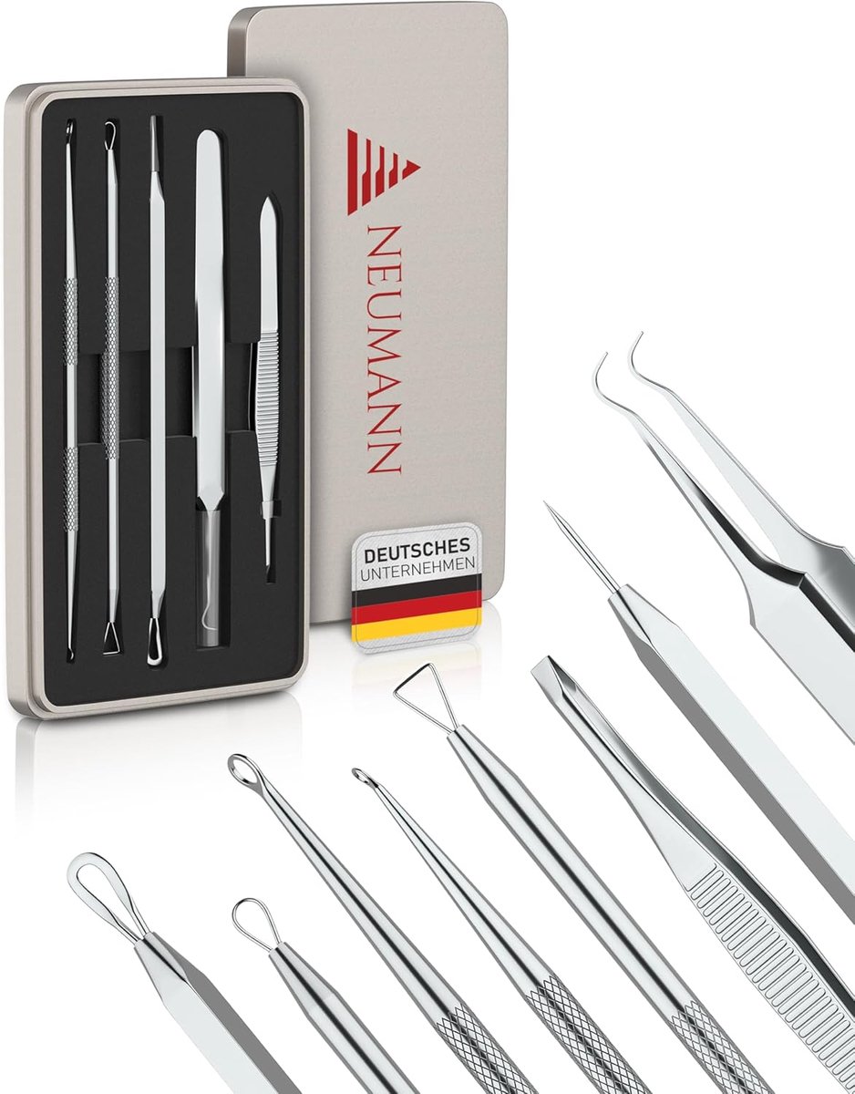 Thijox - Mee-eterverwijderset Roestvrij Staal - Comedonenknijper, Hevel & Remover - 5 Verschillende Tools: Lussen, Pincet, Lancette - Zilver voor het
