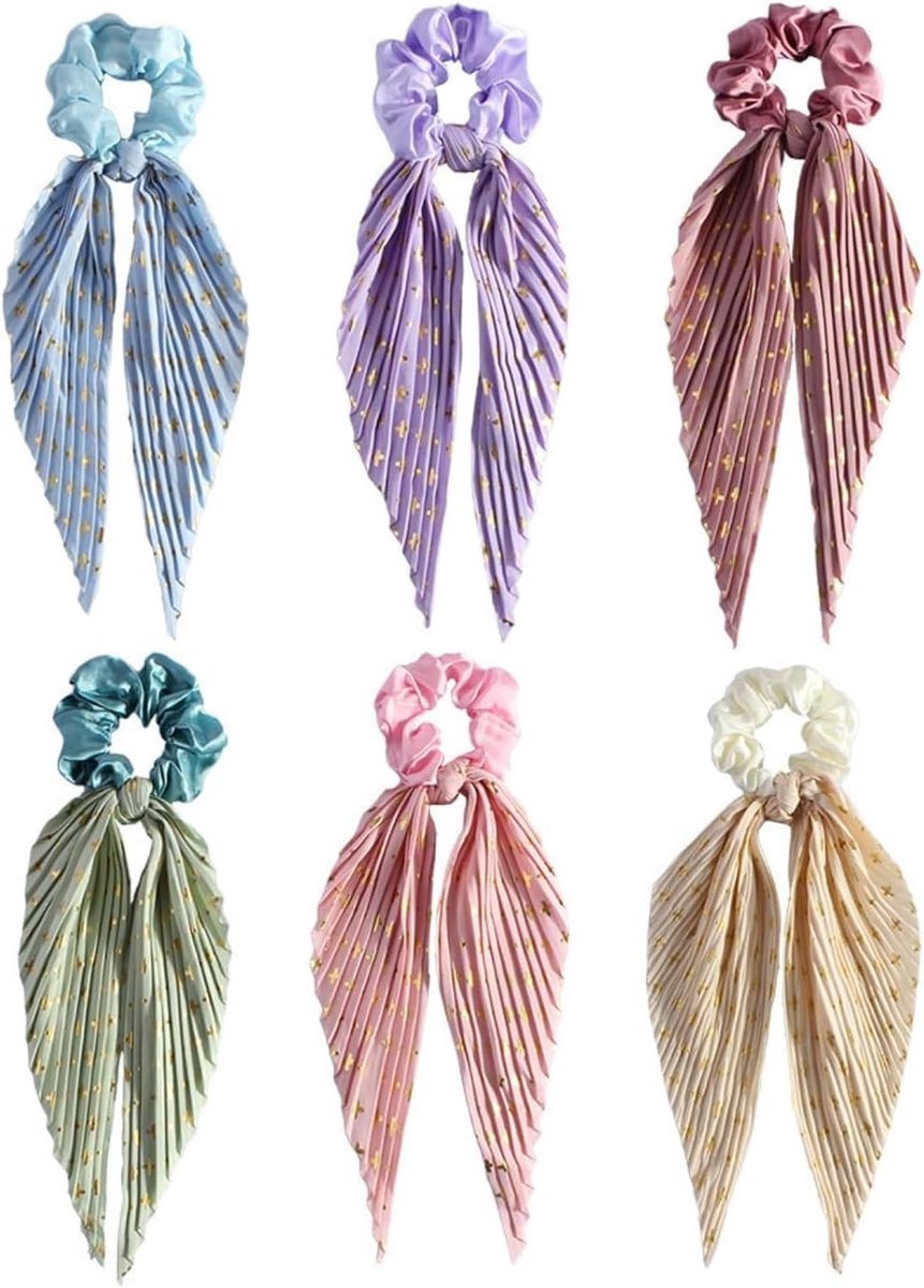Thijox - Scrunchies Haarelastiekjes Set van 6 - Zachte Satijnen Haarbanden met Strik in Roze, Paars, Groen, Blauw, Bruin en Beige - Perfect voor Dames