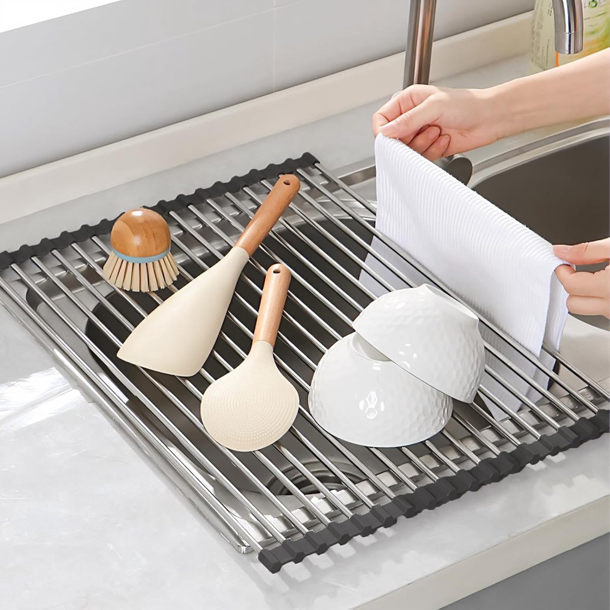 Thijox - Afdruiprek voor Servies RVS Boven de Gootsteen - Opvouwbaar Afdruiprooster Keukenorganizer 43x35 cm in Zwart voor Fruit, Groenten & Keukenacc