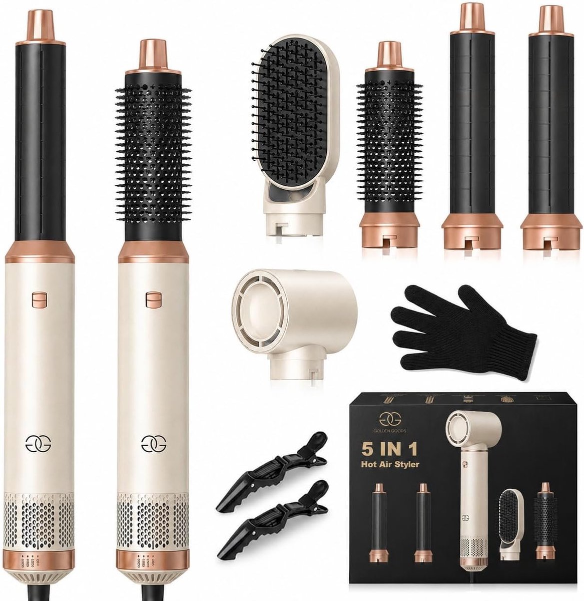 Thijox - Krultang 5 in 1 - Multifunctionele Föhn - Haardroger - Airstyler - Stijltang - Föhnborstel met 5 Opzetstukken - Sandstone Edition voor Perfec