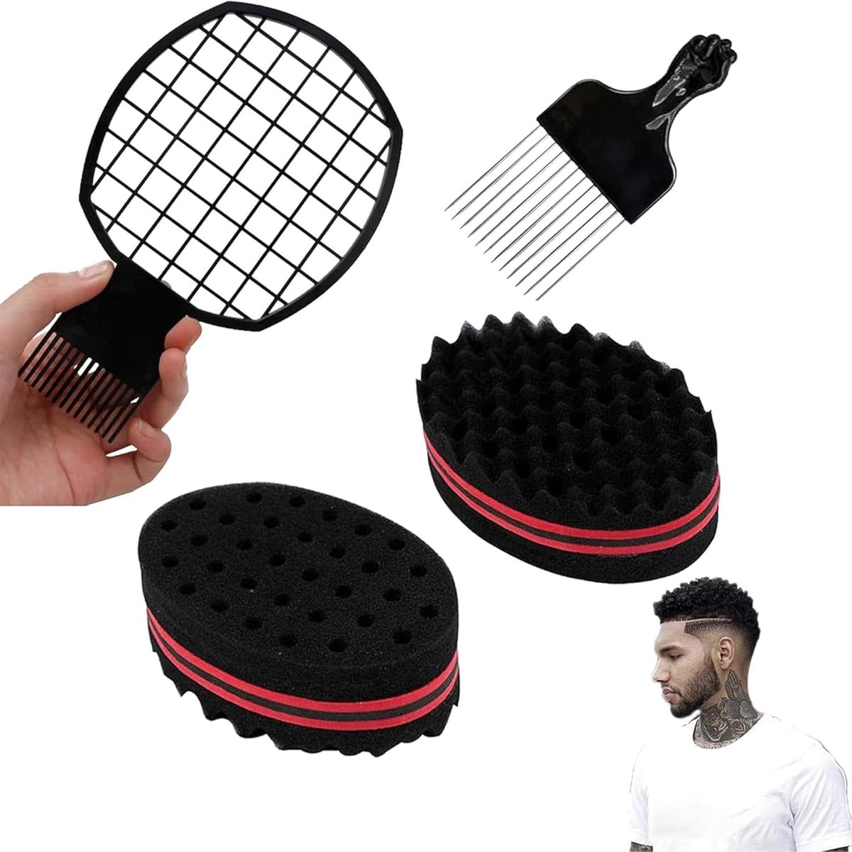 Thijox - Set van 4 Haarborstels en Dubbelzijdige Magic Twist Haarspons voor Afro Haar - DIY Schuim Krulspelden Gereedschap - Magische Beauty-Tool voor