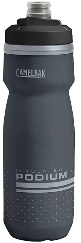 Grijze Camelbak 'Insulated Podium' bidon met zwarte dop en zilveren accenten. Met druppel- en fietsiconen.