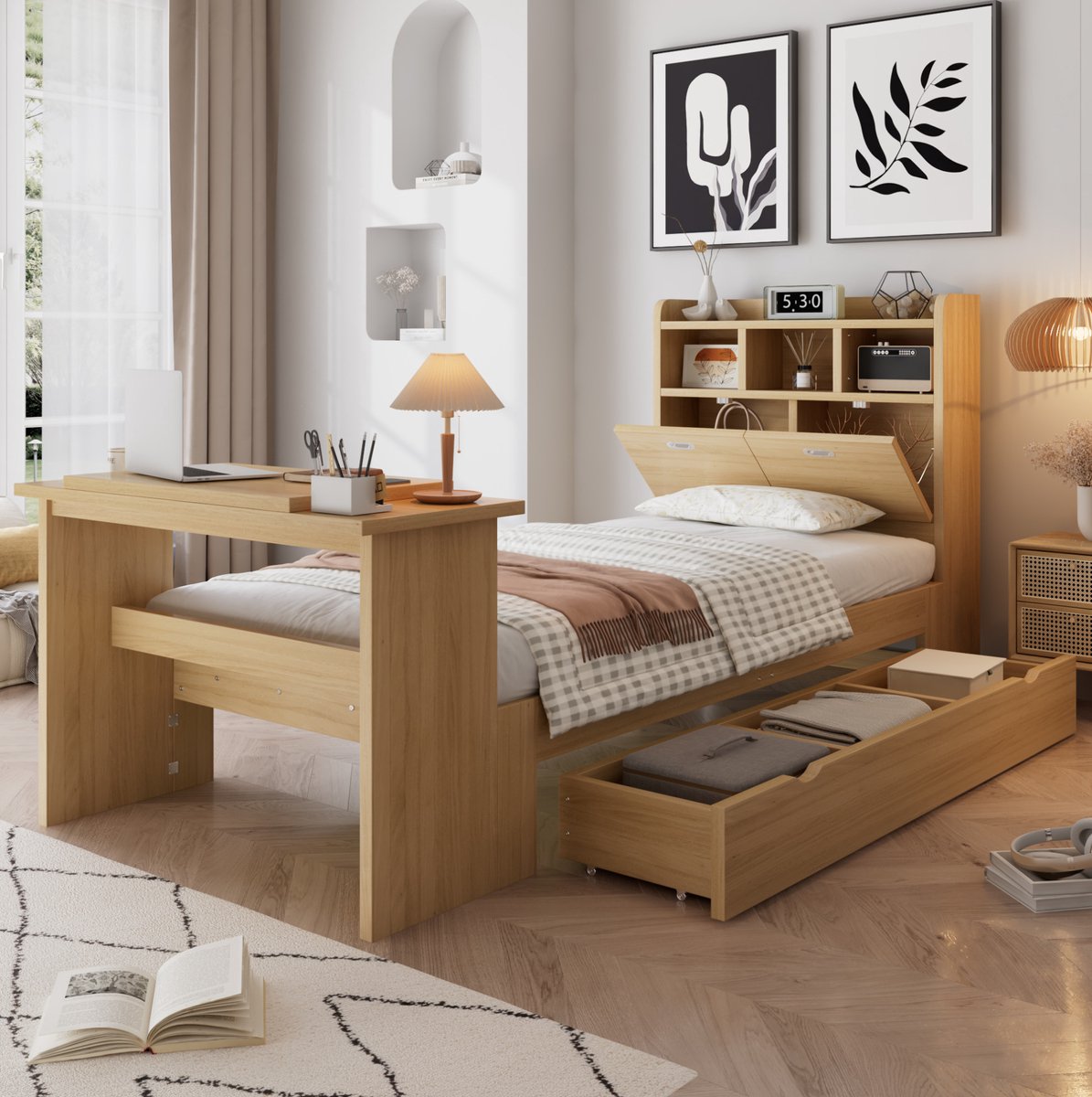 Kinder Eenpersoonsbed 90x200 Cm – Bedframe Met Opbergruimte En Uitklaptafel – Zijlade Links Of Rechts Monteerbaar – Natuurlijk Hout – Zonder Matras – Naturel