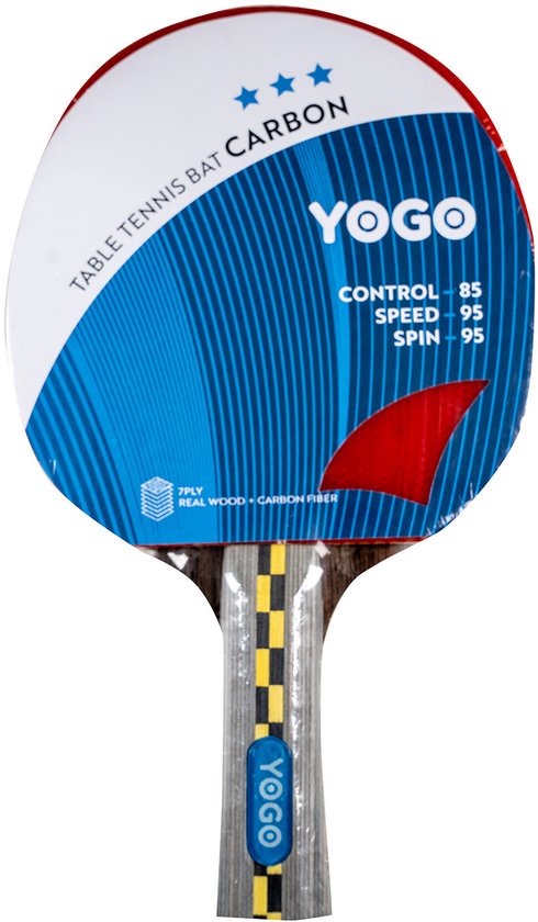 Tafeltennisbatje Yogo Carbon met een wit en blauw gestreept blad. Controle 85, snelheid 95, spin 95.