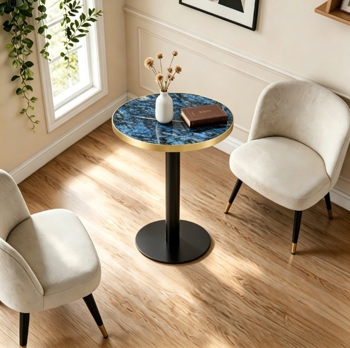 MIVRAY Bijzettafel - Ronde Tafel Met Marmerlook En Gouden Rand - Voor Woonkamer Slaapkamer Of Balkon - MDF En Metaal - Blauw