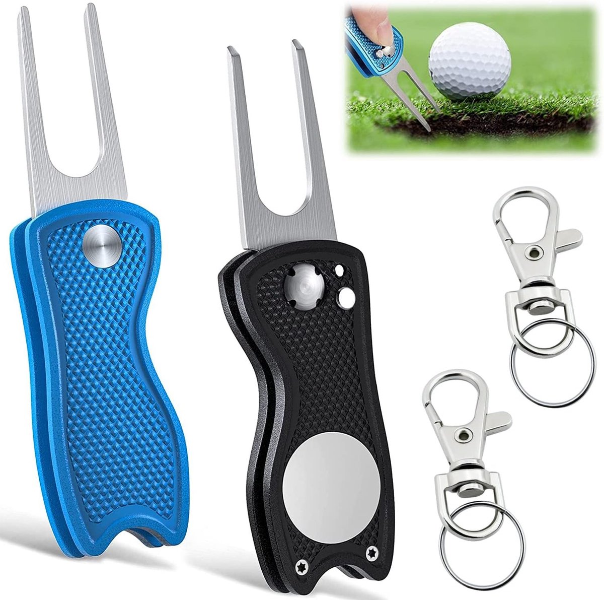 Golf Pitch Fork Set van 2 - RVS Divot Repair Tool met Pop-Up Knop en Ball Marker voor Golfclubs, Perfect voor Buitenactiviteiten en Cadeaus voor Golfliefhebbers