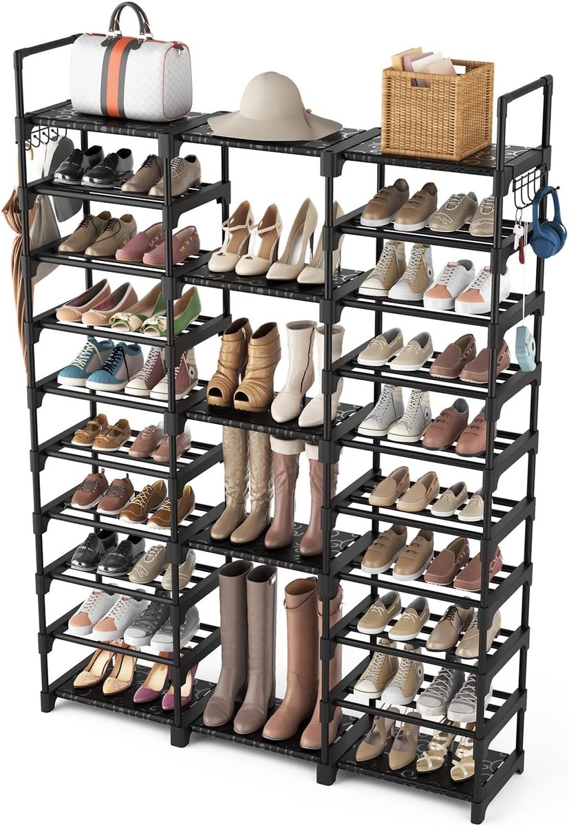 10-laags Schoenenrek voor de Entree - Ruimtebesparend Metalen Schoenenrek voor 54-62 Paar Schoenen met Haken