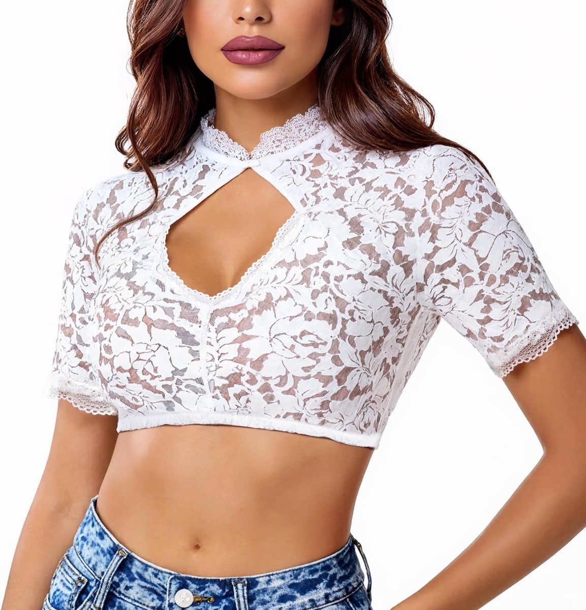 Dirndl Blouse voor Dames met Kanten Mouwen - Traditionele Oktoberfest Kostuum Blouse met Knopen en Elegante Stijl