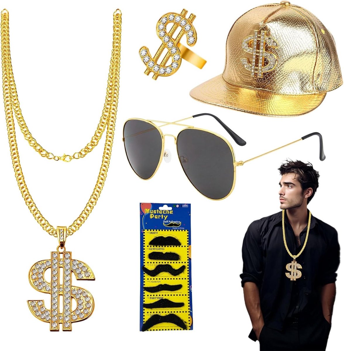 Retro Hip Hop Kostuum Set voor Mannen - Inclusief Gouden Dollar Ketting, Ring, Zonnebril en Cap - Perfect voor Carnaval en 80s/90s Themafeesten
