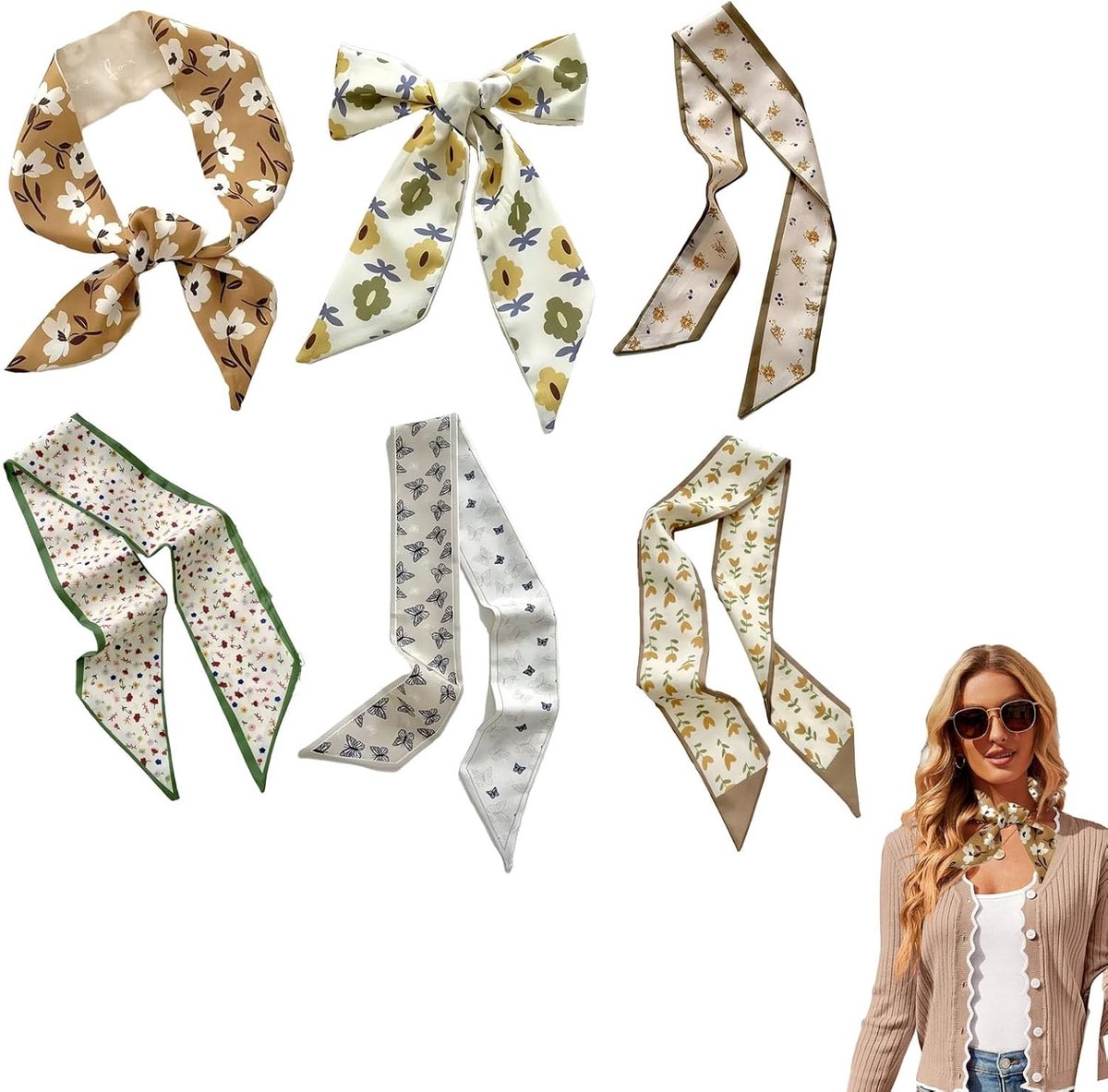 Set van 6 Zijden Sjaal Ribbons, Zacht Satijn, 92x6cm, Multifunctionele Accessoires voor Handtas, Haar en Kleding, Stijlvolle Decoratie voor Dames Outfits