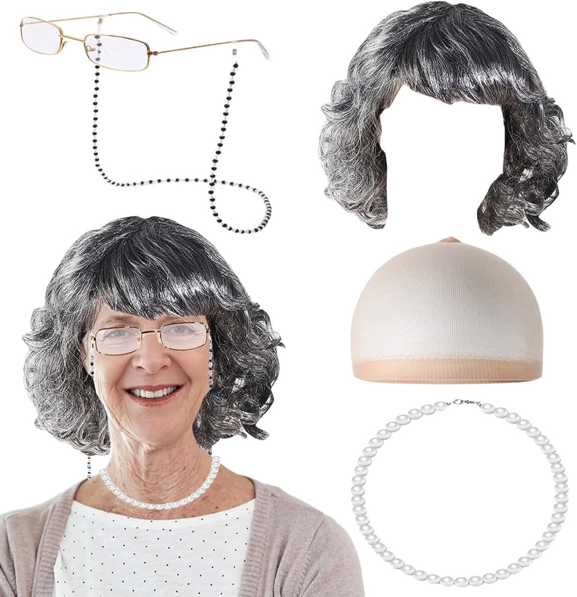 5-delige Kostuumset voor Oudere Vrouwen, Inclusief Perücke, Kralenketting en Armband voor Feestdagen en Verkleedpartijen