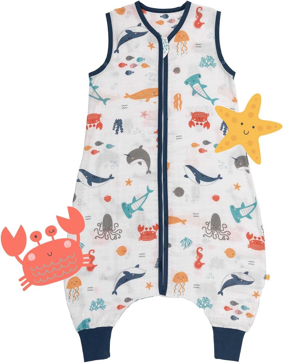 Thijox - Babyslaapzak met Voeten Zomer 90 cm - Zeedieren - 0,5 TOG Mousseline - Zomerse Slaapzak voor Lichaamslengte 90-100 cm