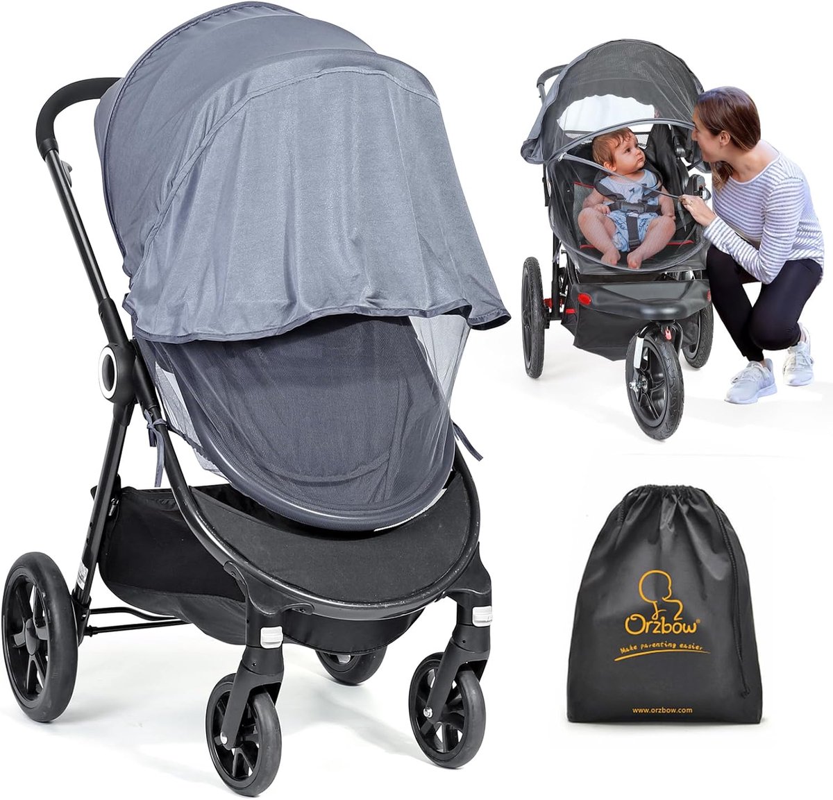 SnelShoppen - Universeel 2 in 1 Zonnescherm en Klamboes voor Kinderwagen - Duurzaam Zonnezeil met UPF 50+ en Sterk Muskietennet - Grijs - Ideaal voor
