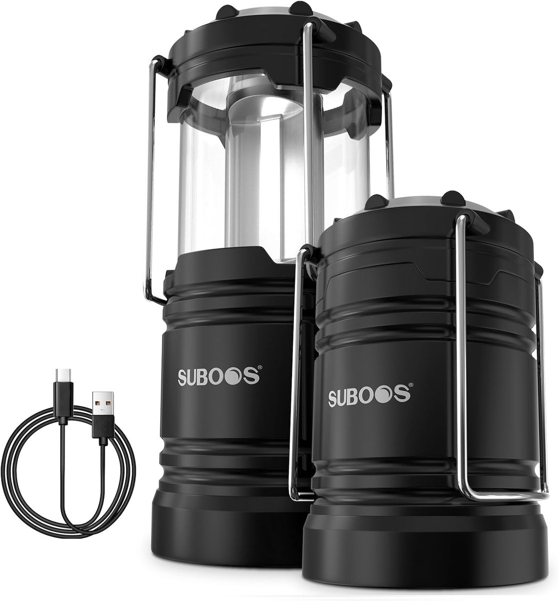 SnelShoppen - Pack van 2 Oplaadbare Campinglampen - Solar LED Lanterns - Vouwbaar, Compact, Robuust met USB-C Kabel - Voor Buiten, Kamperen, Tuin, Fee
